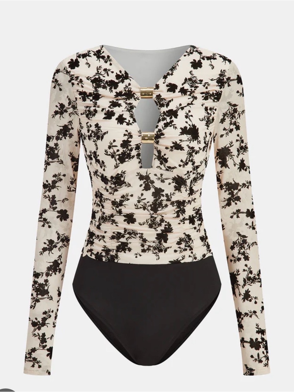 Commense Cream Floral Long Sleeve Bodysuit with Black Accents